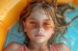 © Irina Mikhailichenko - Happy little girl laying on a colorful inflatable float in a swimming pool. Summer vacation concept. Travel banner