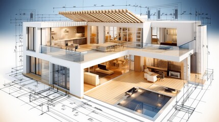 Poster - vision of architecture of a 3d model house project with blueprint