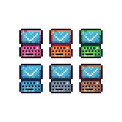 Fototapete - Pixel art sets icons of laptops sign variations in color. Approve laptop icon in pixelated style. 8-bit Illustration,for design asset elements, game UIs, and mobile apps icon collection.