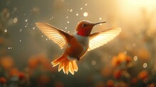 A Close Up Of A Hummingbird Flying In The Air With It's Wings Spread And Its Wings Spread.