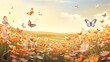 © nextzimost - 3d render of butterfly flying over meadow with flowers and sky