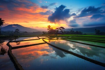Wall Mural - Paddy fields reflecting the warm hues of sunrise, creating a magical scene