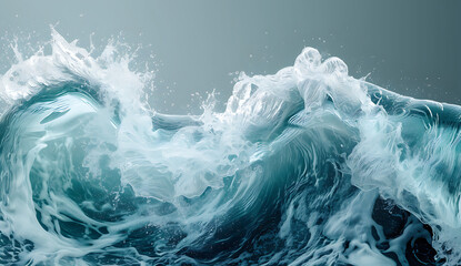 a wave of water that is blowing against a grey backgr