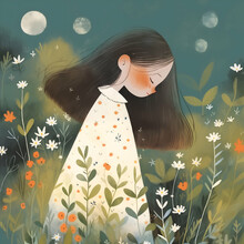 A Girl With Long Hair Stands In A Night Garden, With White Flowers And Twin Moons Above
