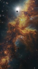 Wall Mural - A slow animated push past a field of small asteroids towards a cosmic nebula with rotating stars.