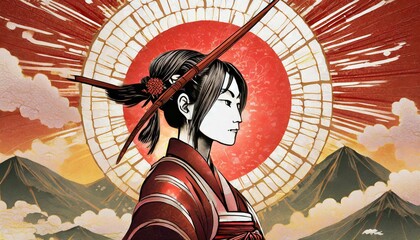 Wall Mural - Japanese Samurai Warrior in circle with a red sun. japanese samurai