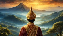 Asian Monk From Behind In Front Of Epic Landscape With Mountains, Sundown In The Evening