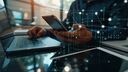 Businessman working with smartphone, tablet and laptop computer on table in office. generative ai