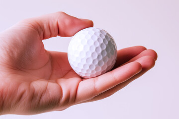 Wall Mural - Hand holding golf ball isolated on gray background