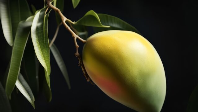 Branch with a mango fruit on a dark background.