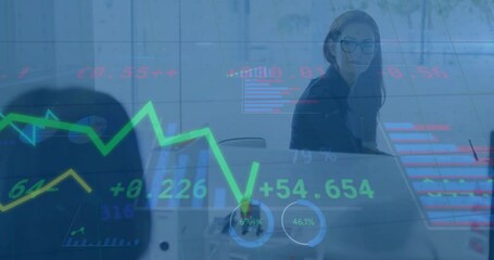 Poster - Animation of charts processing data over happy caucasian female colleagues talking at casual office