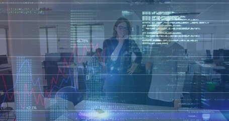 Poster - Animation of charts and processing data over diverse male colleagues talking at casual office