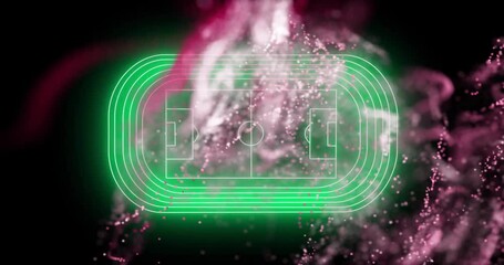 Poster - Animation of network of white and pink particles floating over green neon football stadium on black
