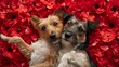two dogs lying on a bed of red flower petals generative ai