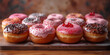 Viele Bunte Donut mit feiner Glasur schön dekoriert mit Streussel Nahaufnahme, ai generativ