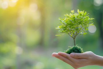 Hand holding tree on blur green nature background. Green environment earth day concept.