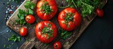Fototapeta Kuchnia - Decorated red peppers and tomatoes with coriander.
