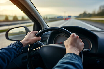 Wall Mural - Man hands of car driver on steering wheel for road trip on highway road.