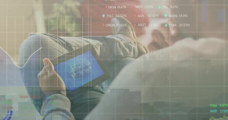 Poster - Animation of charts processing data over caucasian man using tablet