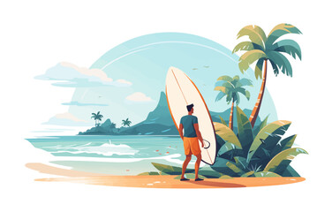 Wall Mural - man standing with surfboard vector flat isolated illustration