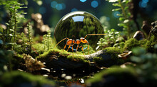 Macro Shot Of An Ant Standing On A Mossy Log In A Lush Forest With Dewdrops Reflecting The Environment, Highlighting The Intricate Beauty Of Nature. Macro World Concept. AI Generated.