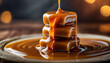 glossy caramels stacked, syrup drizzling, tempting sweets