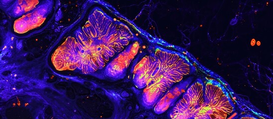 Immunofluorescence-recorded mouse brain section shows distinctive Purkinje cells in the cerebellar folium, via confocal laser scanning microscopy.