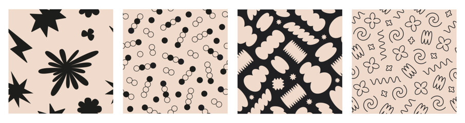 Poster - Vector set of Abstract seamless patterns with playful cartoon shapes and lines. Trendy random shapes. Retro funky groovy print