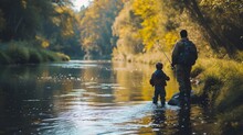 A Father And Son Casting Their Fishing Lines Into A Peaceful River, Surrounded By Nature's Beauty