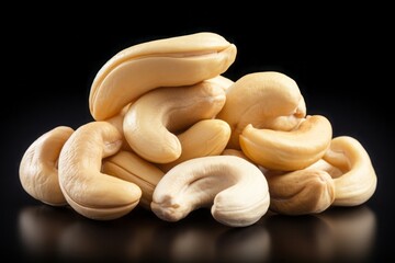 bunch of cashews. peeled nuts close-up on a dark background. a healthy vegan snack.