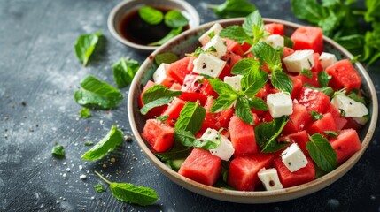 Wall Mural - A creative watermelon and feta salad with mint leaves and a balsamic reduction