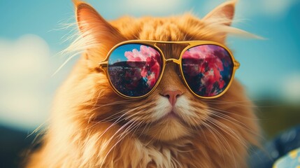 Wall Mural - closeup portrait on funny ginger cat wearing sunglasses 