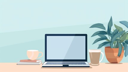 Poster - Modern workspace concept: laptop computer with blank display screen, ideal for copy space. Vector flat illustration of productivity and technology in office environment.