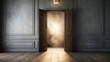 Bright light and smoke pour out of an open door in a classical room, casting a dreamy aura over the elegant wood paneling and polished parquet flooring.