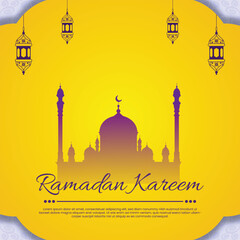 Wall Mural - ramadan kareem mubarak wishing post with mosque and lantern vector design