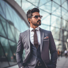 Confident businessman in suit wearing sunglasses standing out of office building