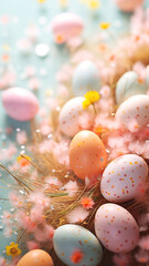 Wall Mural - Pastel Easter eggs in soft spring blossoms. Easter greeting card background, phone wallpaper, stories backdrop