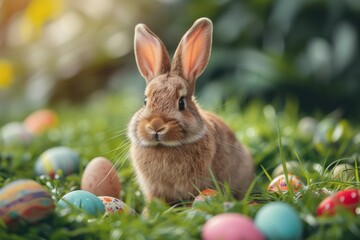 Wall Mural - Cute Easter bunny with Easter eggs in green grass. Little rabbit sitting near to color eggs in meadow. Generated AI