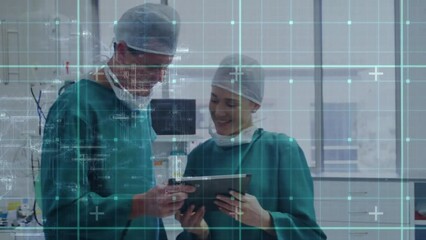 Poster - Animation of data processing over caucasian male and female surgeon using tablet in theatre