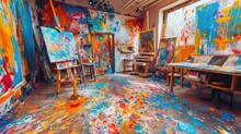 An Artist's Studio In Full Creative Chaos, Paint Splattered Everywhere, Canvases In Various Stages Of Completion, Vibrant Colors Clashing And Blending. Resplendent.
