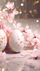 Wall Mural - Decorated white eggs with gold splatter, among soft pink cherry blossoms. Easter greeting card, phone wallpaper