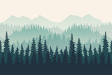 Fototapeta  - Beautiful silhouettes of a mountain forest in the fog early in the morning. Fir trees and pine trees against the backdrop of high mountains. Wildlife vector illustration.
