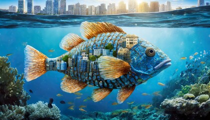 Wall Mural -  Fish made of cities swimming in the sea under water