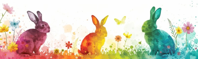 Wall Mural - colorful Easter rabbits with flowers Generative AI