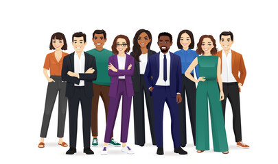 Wall Mural - Crowd of happy diverse multiethnic young business people standing together. Isolated vector illustration