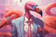Creative Funky Composition Made Of A Man With Flamingo Head Wearing Fashion Jacket. Conceptual Modern Art.