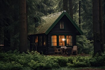 Wall Mural - Cozy cabin nestled in serene forest, peaceful retreat in nature