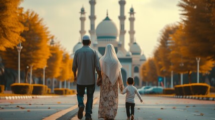 Muslim father, mother and child walking towards the mosque. Islamic Ramadan Celebration