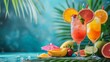 A tropical paradise setting with vibrant cocktails adorned with fruit garnishes and umbrellas