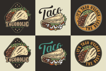 Wall Mural - Mexican taco set vector with meat and vegetable for logo or emblem. Latin traditional taco collection for restaurant or cafe of Mexico fast food